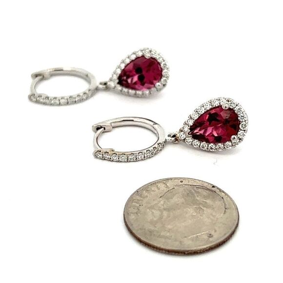 Diamond Rubellite Tourmaline Drop Earrings 18k W Gold 2.93 TCW Certified 210764 - Picture 5 of 13